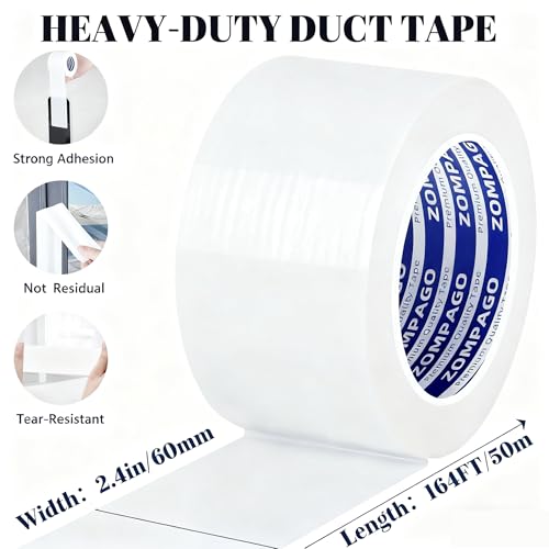 Image of ZOMPAGO Duct Tape Heavy Duty Waterproof, White 2.4 inch x 16.4FT, Tear by Hand, No Residue, Strong Adhesive, All-Weather for Indoor Outdoor Repair, Pipe Leak, RV, Roof, Camping