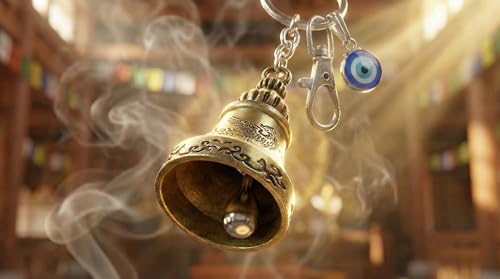 Image of CreatonX Guardian Bell for Bike & Car | Tibetan Key Chain with Evil Eye & Silver Hook | Good Luck Key Chain For Bike Positivity | TopGrade Finish | Dragon & Bird Engravings for bike | 10 CM