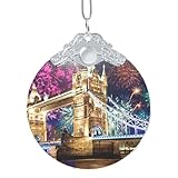 Night London Tower Bridge Andenken Glas Weihnachtsschmuck 8,4 cm runder dekorativer Anhänger mit elastischer Schnur