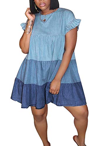 LKOUS Women s Casual Swing Dresses, Color Block Short Sleeve T-Shirt Mini Dress