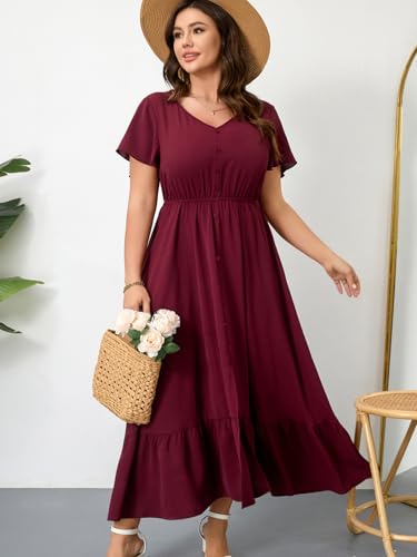 RWJ Women Plus Size Maxi Dress V Neck Short Sleeve Button Trim Split Flowy Tiered Casual Long Dresses 2025 L-3XL3