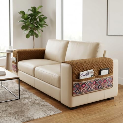 Image of KINGLY Armrest Cover with Pocket | Anti-Slip Sofa Arm Protector | Washable Arm Cover | Royal Gold