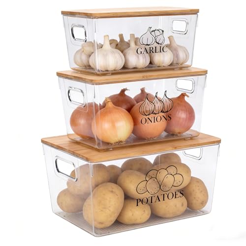 Yomjarl 3 Pack Onion and Garlic Potato Storage Baskets,Stackable Vegetable Storage Tins with Handle,Kitchen Canisters Vegetable Dispenser Keeper Box Containers with Wooden Lid for Onion, Potato,Fruit