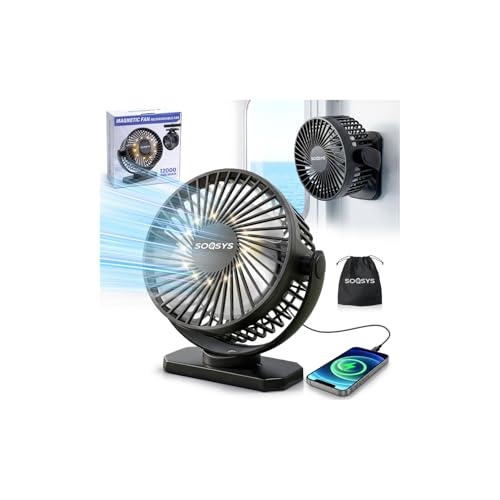 SOQSYS Cruise Approved Magnetic Fan with 12000mAh Rechargeable Battery Cruise Fan with 3 Speeds Timer Led Lights Power Output & Bottom Hook Portable Fans for Camping Travel Cruise Essentials
