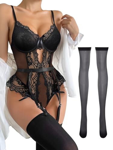 Image of Lilosy Sexy Stocking Lace Mesh Bodysuit Top Underwire Garter Lingerie Set 3 Piece
