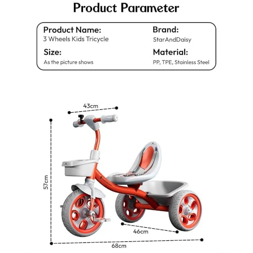 Image of StarAndDaisy Kids Cycle for 2-5 Years Boy & Girl /Tricycle with EVA Wheels, Bell & Basket /Baby Trike Cycle 30 Kg Capacity, 3-Point Safety Belt (Orange)