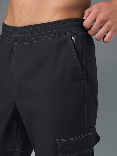 Image of TECHNOSPORT Men's Solid Straight Fit Cargo Pants TS Flexi 6 Pocket Polyester Quick Dry Elasticated Drawstring for Gym Travel Running Workout