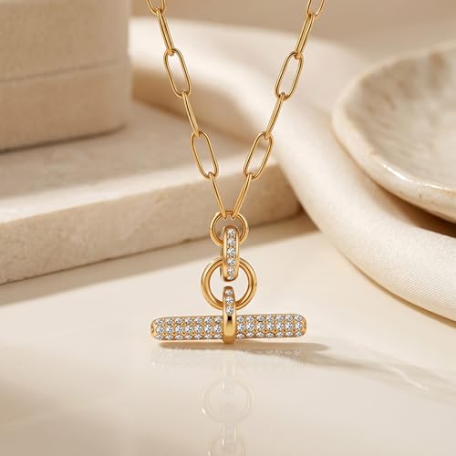 Image of Jeulia 14K Gold Plated Necklaces for Women, Dainty Paperclip Chain Choker T-Bar Layered Stackable Gold Necklace Jewelry Gifts