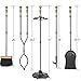 AMAGABELI GARDEN & HOME 5 Pcs Fireplace Tools Brass Handles Wrought Iron Set Holder Indoor Outdoor Fireset Fire Pit Stand Rustic Tongs Shovel Brush Chimney Poker Wood Stove Hearth Accessories Kit Lrg