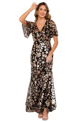 Miao Duo Flutter Short Sleeves Long Mother of The Bride Dresses for Women Sequin V Neck Formal Wedding Guest Dress YZTS256