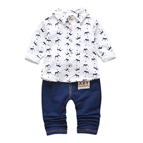Lsmaa Toddler Kids Boys Cartoon Clothes Set, Long-Sleeved Crown Pattern Shirt Tops+ Denim Pants Outfits, Very Cool, Casual and Cute (Color : White)