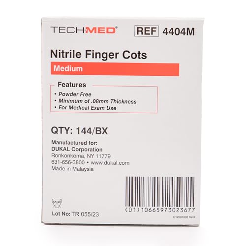 Dukal TEC 4404M Tech-Med Nitrile Finger Cot, Medium, 0.08 mm Thickness (Pack of 144)