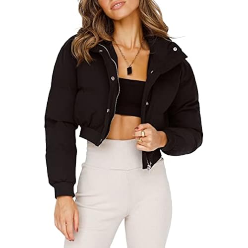 Uaneo Womens Cropped Puffer Jacket Stand Collar Zip Up Winter Padded Down Coats
