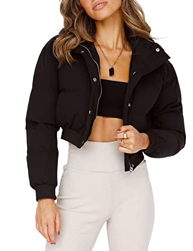 Uaneo Womens Cropped Puffer Jacket Stand Collar Zip Up Winter Padded Down Coats