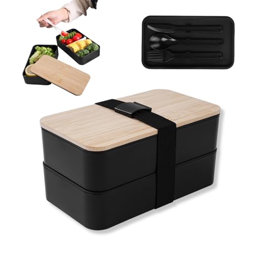 Hominas Bento Lunch Box 1200 ml Boite Repas Compartiments Hermétique 2 Étages Bento Japonais Design avec Couverts pour L'école le Bureau