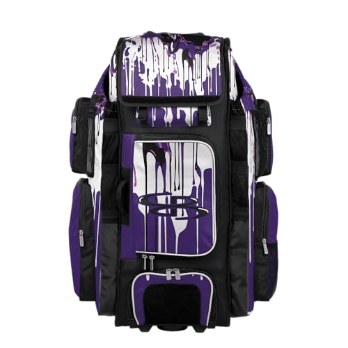 Boombah Superpack XL Rolling Bat Bag - Telescopic Handle - Holds 8 Bats - Wheeled Version - Graffiti Drip Black/Purple/White
