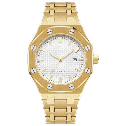 BARAMON Relojes para hombre, acero inoxidable, movimiento de cuarzo, fecha, reloj masculino, impermeable, manecillas luminosas, relojes de pulsera para hombre, Oro blanco., pulsera
