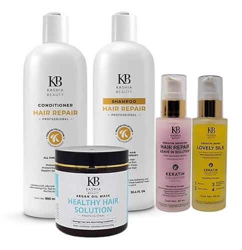 KASHIA BEAUTY Maintenance Kit No.1 – Healthy Hair Solution with Keratin Shampoo Conditioner Argan Mask Leave-In & Shine Serum – Repair Frizz & Nourish – For All Hair Types