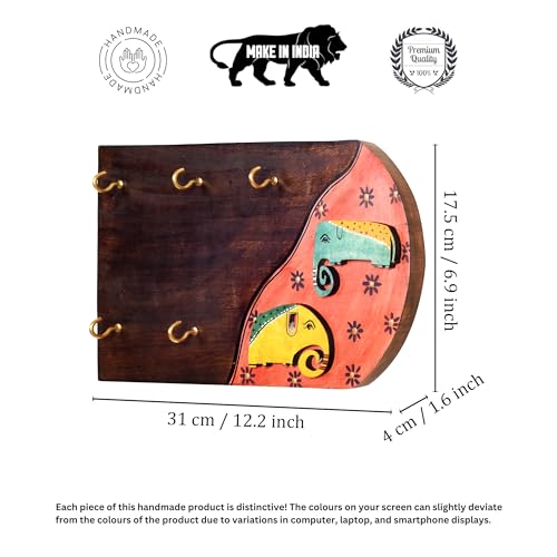 Image of AAKRITI ART CREATIONS Key Holder, Hoka-Poka Key Hanger with Elephant Motifs and Beautiful Artwork | Rustic Wooden Wall Organizer with 5 Hooks | New Home Gifts.