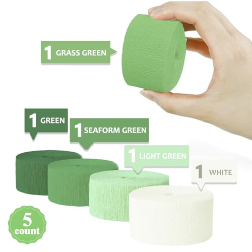 Image of NICROHOME EUR Green Birthday Party Crepe Paper Streamers, 5 Rolls Retro Gradient Green Hanging Garlands for Spring Party Baby Shower Bridal Shower Wedding Woodland Safari Boho Decor, 1.8 x 82 Ft /Roll