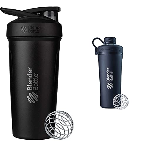 BlenderBottle Strada Shaker Cup Insulated Stainless Steel Water Bottle with Wire Whisk, 24-Ounce, Black & Radian Shaker Cup Insulated Stainless Steel Water Bottle, 26-Ounce, Matte Black