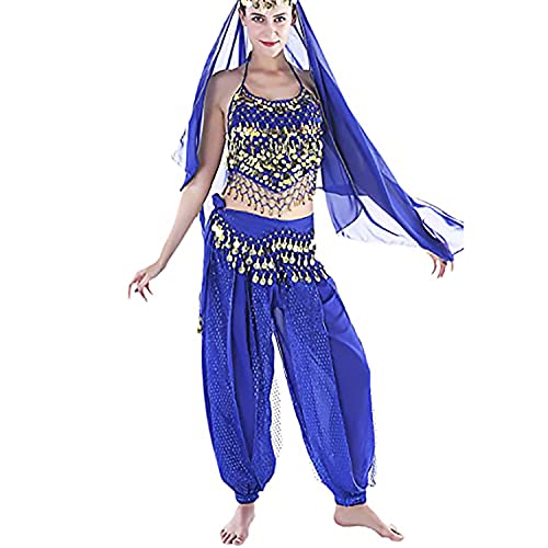 Image of VRITRAZ Women's Chiffon Belly Dance Chiffon Top, Harem Pants and Hip Scarf Ringy Golden Coins Fancy Pants