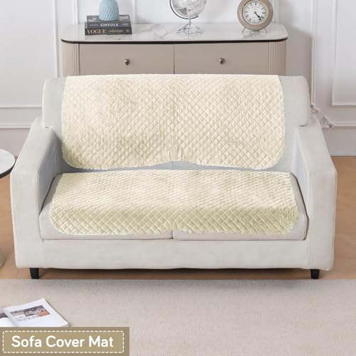 Image of HOKIPO Quilted Sofa Cover 2 Seater for Seat & Back, Washable Kids & Pet Friendly Sofa Cover, 'Quilt Classic' Beige (IN-926-BEIGE*2)