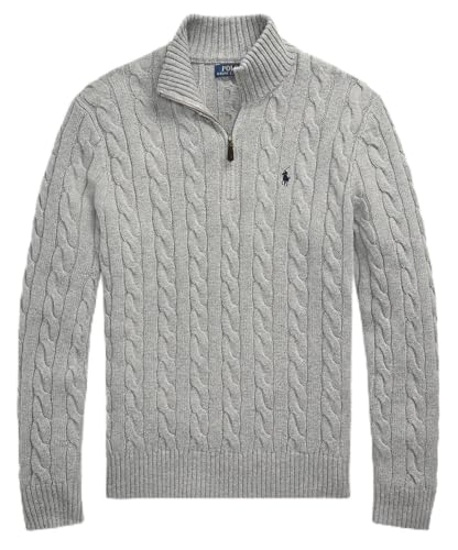 Image of POLO RALPH LAUREN Cable Knit Cotton Quarter-Zip Jumper (UK, Alpha, S, Regular, Regular, Grey Heather)