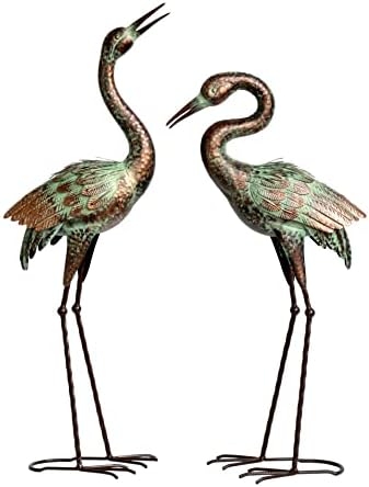 Shorayn Garden Crane Statues, Blue Heron Sculptures for Outdoor, Cranes Decor Metal Bird, Patina Garden Art Lawn Ornaments for Yard Patio Porch Outside Decorations