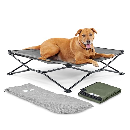 Coolaroo On-The-Go Elevated Dog Bed Kit Portable & Cooling Travel Cot with HeatShield Fabric for Large Dogs Lightweight & Compact Includes Matching Carry Bag & Everglade Green Bonus Cover Large