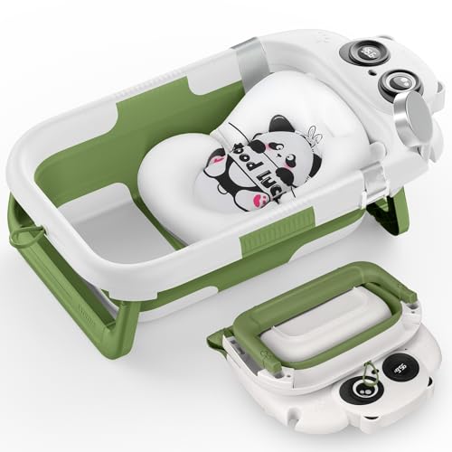 Image of Collapsible Baby Bathtub for Newborn to Toddler, Portable Baby Bath Tub with Floating Cushion and Thermometer, Infant Bathtub for 0-24 Months(Green)