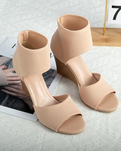 Image of Peep Toe Heels for Women Sexy 3 Inches Stiletto Heeled Sandals for Women Open Toe Wide Stretchy Knit Heel Sandal Booties Slip On Comfortable Dressy Shoes for Prom, Party and Work