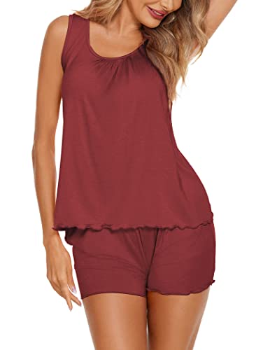 Ekouaer Ladies Sleeveless Pajamas Set Cami Sleepwear Round Neck Comfy Two Piece Loungewear For Spring (Wine Red, M) #TOP2