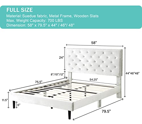 Full Upholstered Platform Bed Frame With 48" Tall Adjustable Headboard - Button Tufted Suede Velour Bed- Wood Slat Support With Storage Space- No Box Spring Needed - Beige - Oliver & Smith - Princeton #TOP1