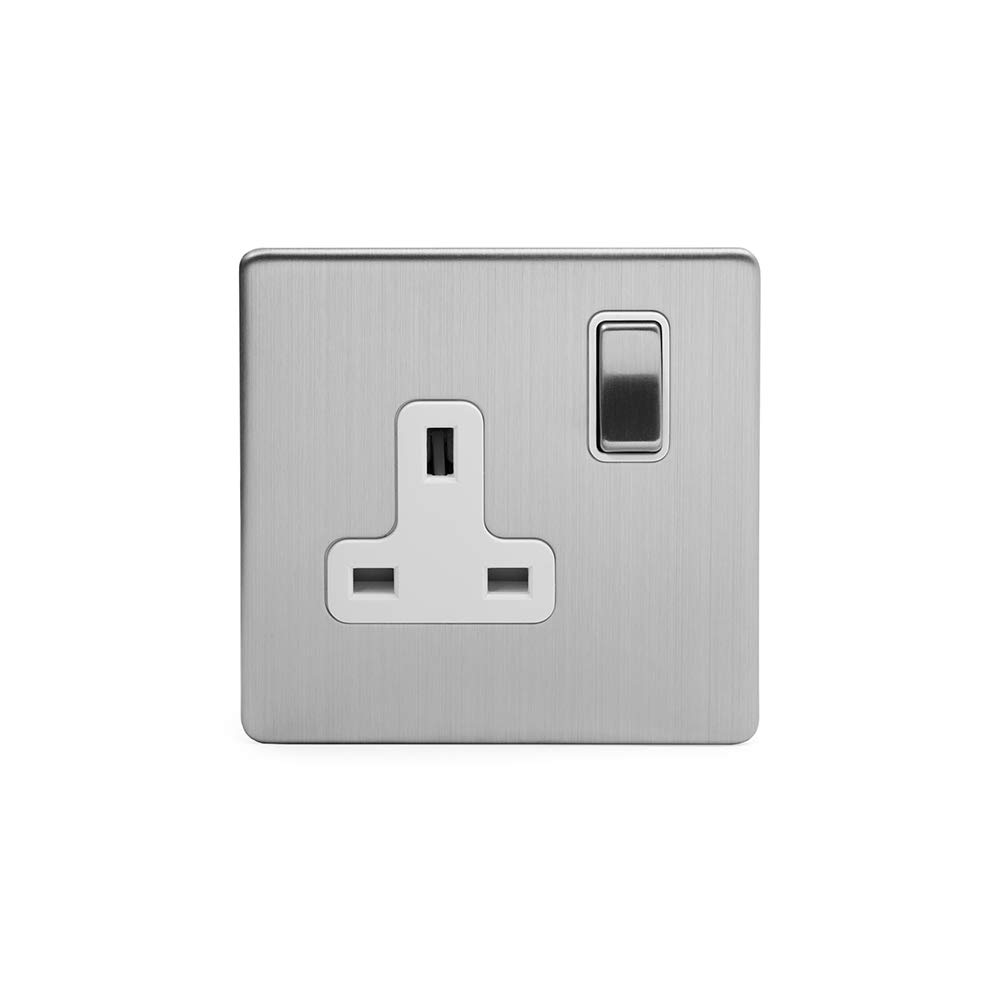 The Soho Lighting Company Brushed Chrome Soho Lighting 1 Gang Dp Plug Socket White Ins 13A Screwless