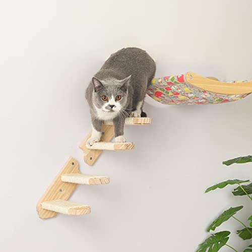 Cat Wall Steps Shelves Cat Climbing Shelf Reversible Wall Mounted, Wooden Four Step Stairway with Scratching Sisal Rope for Cats Perch Platform Supplies