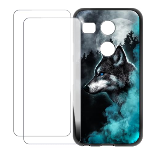 UOGNADGD Compatible with LG Nexus 5X Case Colorful Custom Cover with 2 Pack Tempered Glass Screen Protectors - Shockproof Scratch-Resistant (Wolf 1)