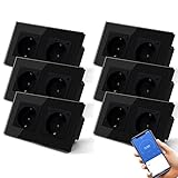 BSEED Enchufe Schuko inteligente doble empotrable wifi, monitoriza consumo de energía, 6 uds., 16 A, cristal, control por app, admite Alexa/Google Home, programación/temporizador, wifi 2,4 GHz, negro