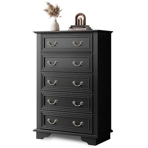 GALAXHERO 5-Drawer 31.65" W Farmhouse TV Stand with Metal Handles, Black