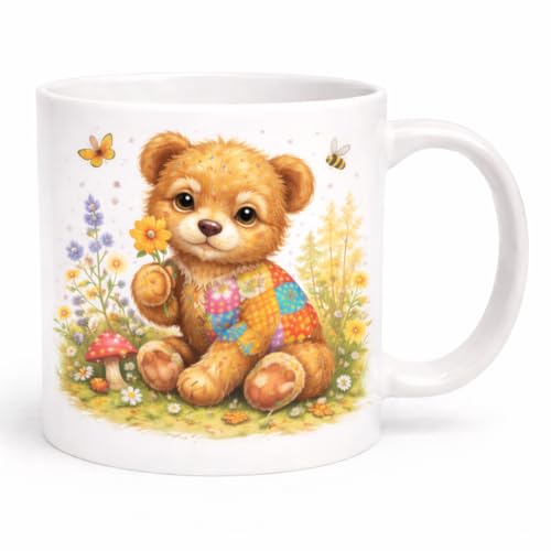 Brew Crew Gifts Tasse motif ours patchwork, céramique blanche, 325 ml, à côtés droits, illustration vive, passe au lave-vaisselle et au micro-ondes