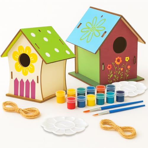 2 Pack DIY Bird House Kit for Crafting and Painting, Paint Your Own Wooden Bird House with Paints & Brushes, Arts & Crafts Project for Home & Garden, Creative Gift Idea