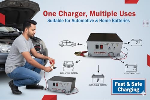 Image of SYSPRO Automatic Battery Charger with 7 AH to 100 AH Battery Charging AMF Panel Bike Truck Car Toys and 12V Charger