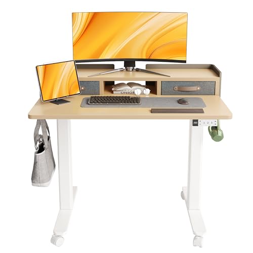 Image of Claiks Standing Desk with Drawers, Adjustable Stand Up Electric Small Standing Desk Adjustable Height with Storage Shelf and Splice Board, 40 Inch, Natural