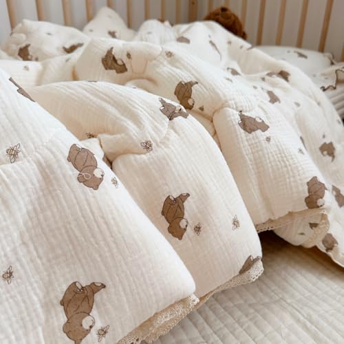 Image of BuLuTu 100% Muslin Toddler Quilt Thin Crib Comforter Girls Boys Quilted Blankets, 47 inchx59 inch, 1.5 Pounds, Soft Breathable Muslin Cotton Quilts, Bee Bear Pattern, Machine Washable