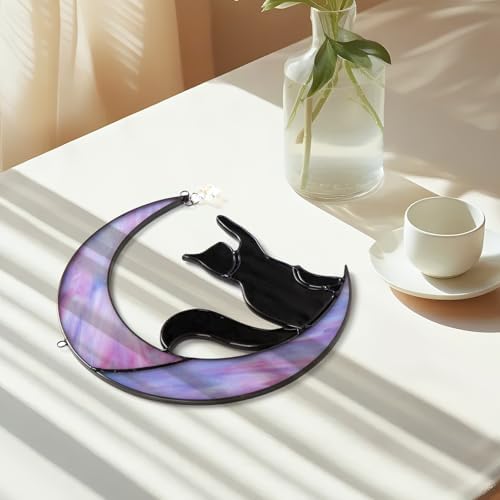 Black Cat Decor on Purple Moon - Handmade 7'' Stained Glass Suncatcher Window Hanging, Halloween Ornament Decoration Memorial Gift for Lover Cat Loss - 5