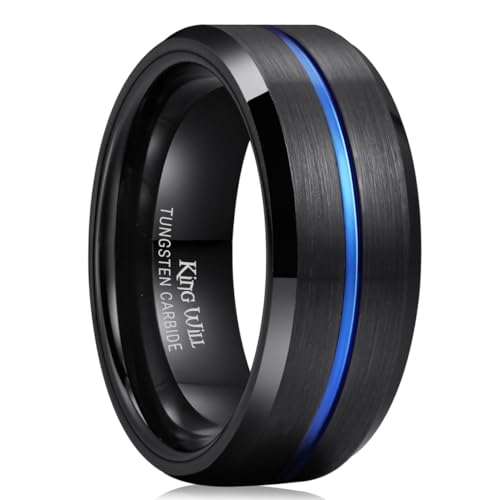 King Will 8mm Black Tungsten Rings for Men Women Mens Two Tone Wedding Band Cool Engagement Ring Blue Centre Grooved Lines Beveled Edges Matte Brushed Comfort Fit Durable, Size 10.5