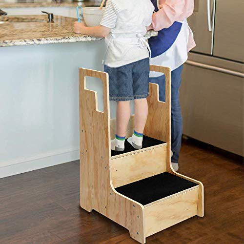 KINGSO Kitchen Helper Stool for Kids, Toddler Step Stool, Wood Step Stool with Support Handles and Non-Slip Mat, Two Step Counter Height Kids Step Stool, Natural