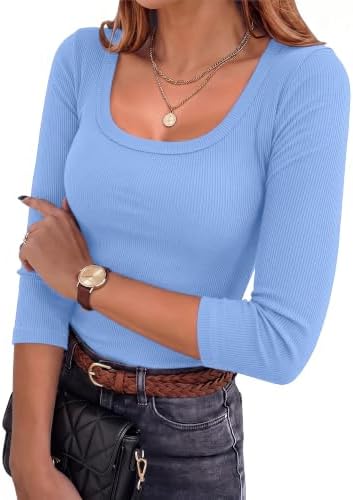 Aottori Shirt Damen 3/4 Arm Eckiger Ausschnitt Oberteile Gerippt Slim Fit | Rippshirt Dreiviertelarm, Eleganter Stil, Basic Tops, Stretch, Casual, Sexy, Einfarbig, für Alltag Freiz