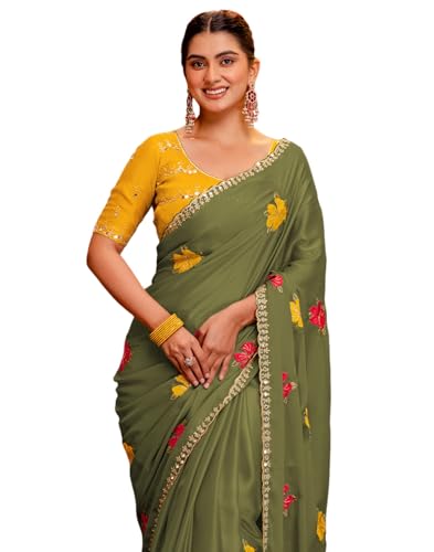 Image of SIRIL Women's Embroidery, Mirror Work, Scalloped Border Shimmer Georgette Saree With Unstitched Blouse Piece