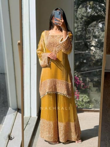 Image of PERFECT CHOICE WOMEN'S Heavy Natural Crep Silk Stitched Ethnic Salwar Kameez - Long Kurti with Embroidered Sleeves, Party & Festival Wear (SF251-ve115 Black1 XXL)